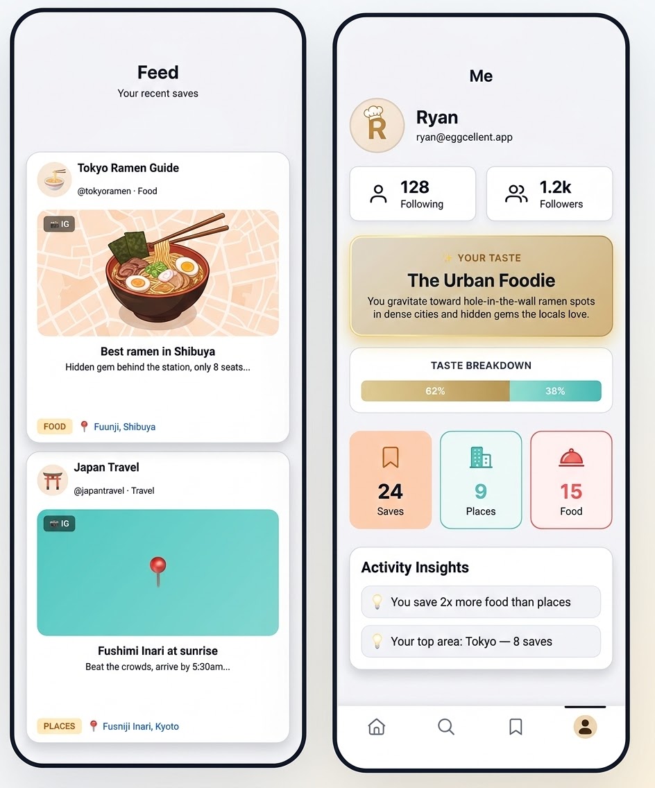 Eggcellent app — Feed and Taste Profile screens