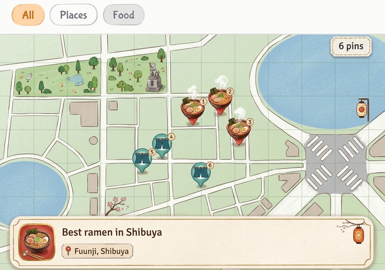 Interactive taste map with food and places pins across Japan